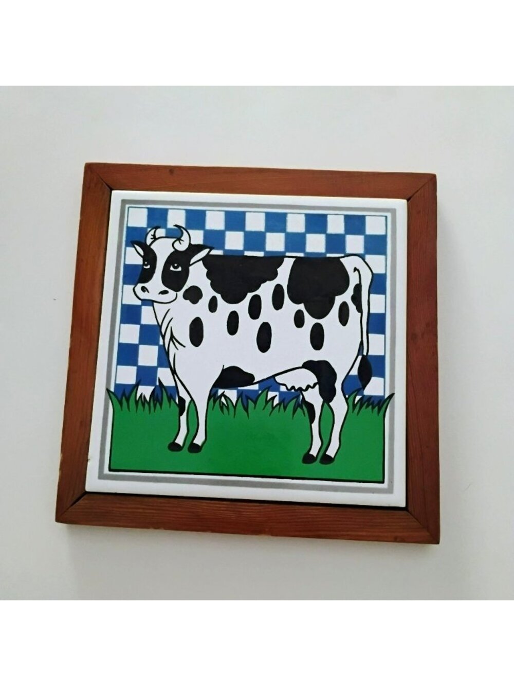 Framed Ceramic Cow Tile Trivet w Wood Frame 7" Country Cottage Wall Art